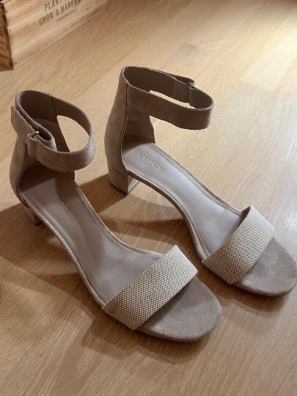 Vince Taupe Suede Ankle Strap Block Heel Sandals Women's Size 7.5